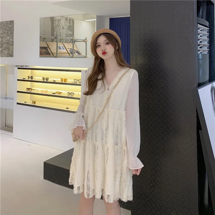 

knee vestidos spring autumn new sweet Korean style lace patchwork v-neck full sleeve slim dress Women's Clothing fashion brand