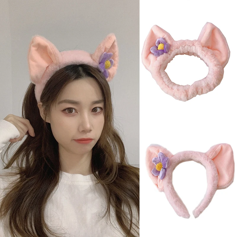 

Ladies Solid Color Cute Big Ears Headband Plush Hairband Flowers Face Wash Makeup Plush Headband Universal Hair Accessories