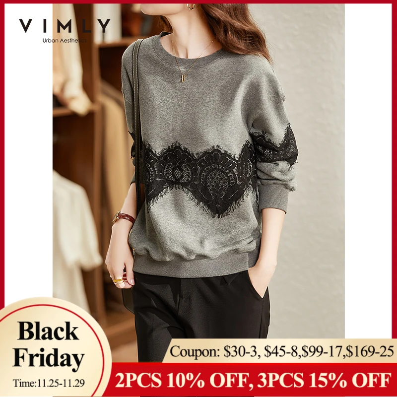 

VIMLY Cotton Sweatshirt Women's Autumn Winter Korean Loose Pullovers Lace Patchwork Long Sleeve Sweatshirts Female Top F8910