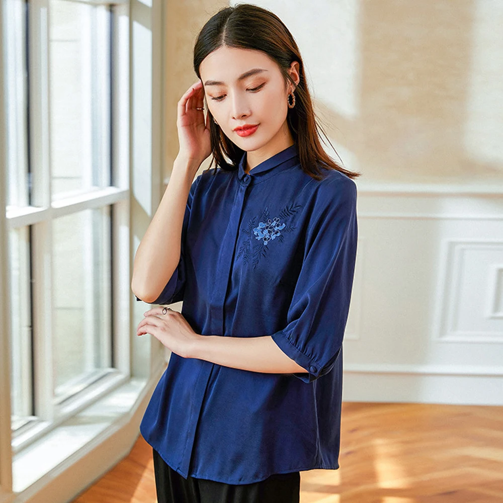 

High Quality Embroidery Silk Blouses Summer Half Sleeve Red Loose Plus Size 4XL Women Shirt Casual Vintage Office Ladies Tops za