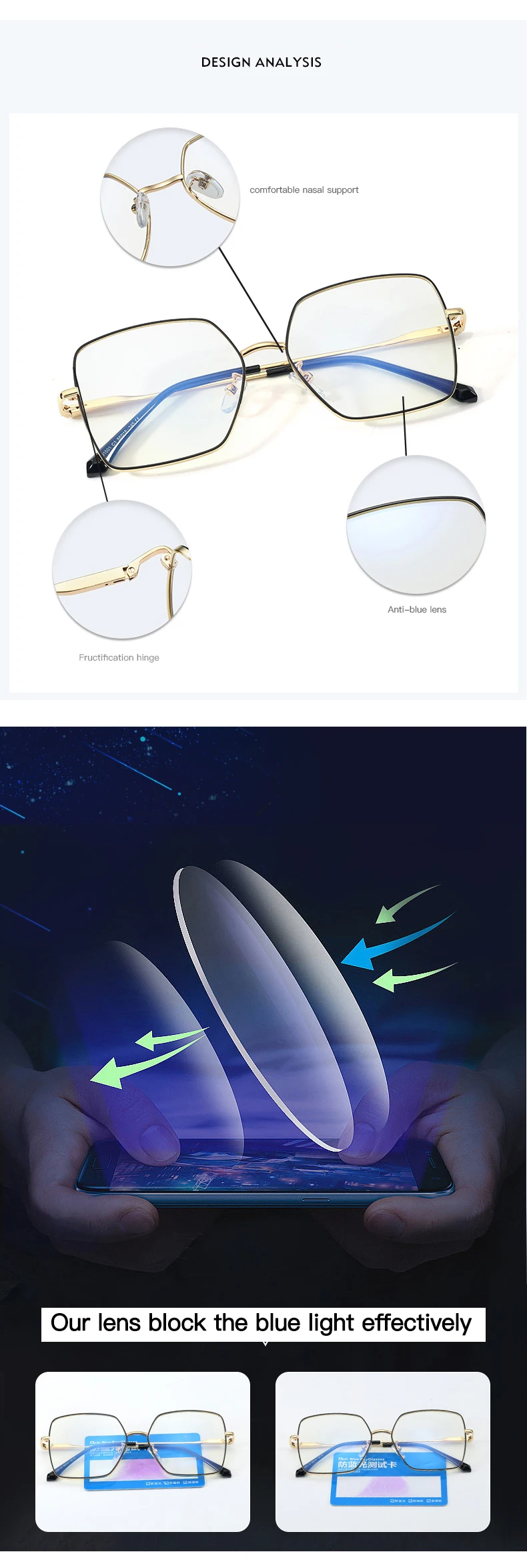 

New Fashion Square Full Frame Glasses Women Retro Metal Blue Light Big Frame UV400 Flat Light Mirro Anti Blue Light Glasses