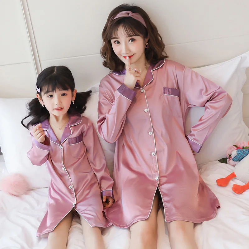 

Spring Summer Family Nightgowns Silk Long Sleeve Girls Sleepwear Women Pijama Woman Autumn Mommy and Me Nightdress Loungewear