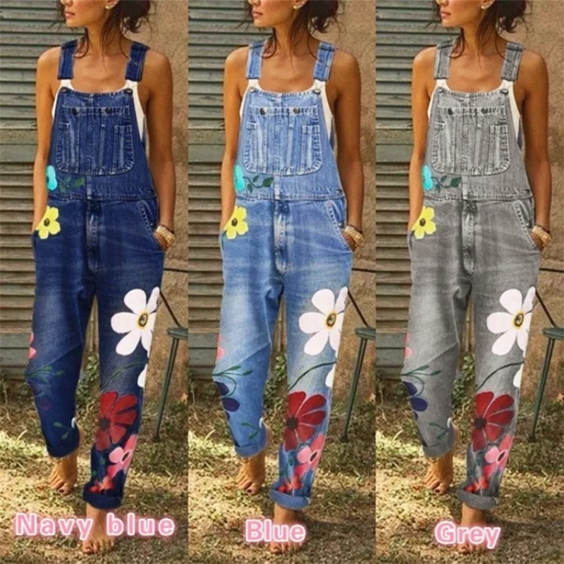 One Piece Denim Jumpsuit for Women Vintage Sleeveless Spaghetti Strap Floral Print Jeans Overalls Ladies Casual Jean Bodysuits |
