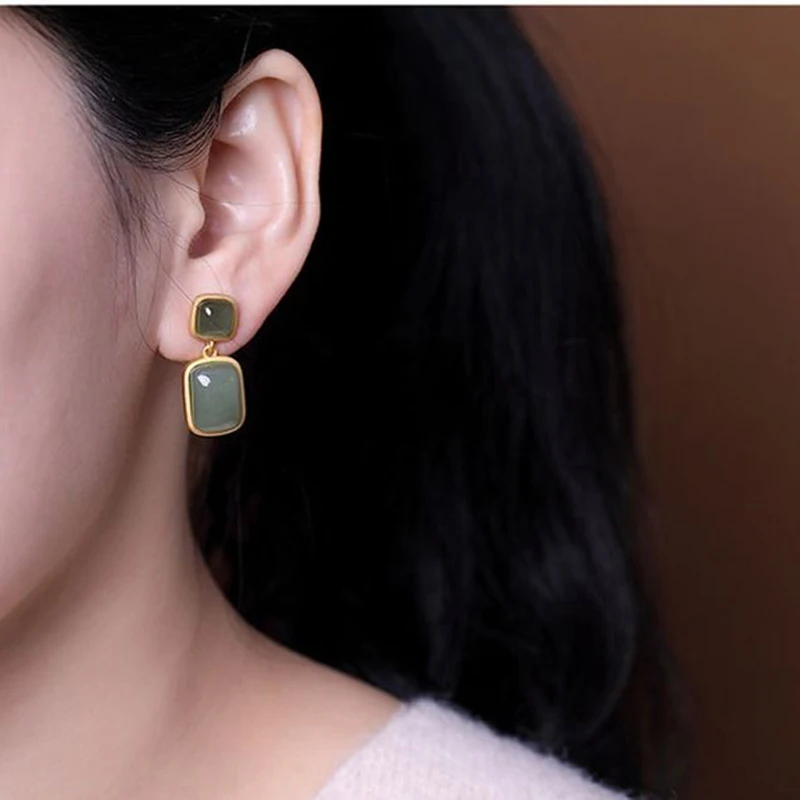 SNew Silver Palace Classical Gentle Natural Hotan White Jade Inlaid Double Stone Earrings Elegant Senior Women's Brand Jewelry |