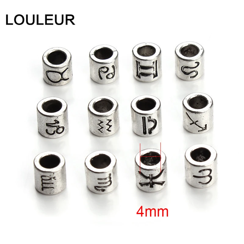 

60pcs Alloy Antique Silver Color 12 Constellation Spacer Beads Charms European Big Hole Tube Beads For Leather Bracelet Making