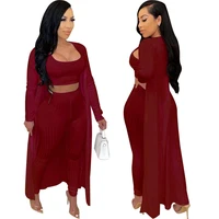solid three piece sets real photos women casual ladys tank tops high waist leggings v neck full sleeve ankle length cardigan