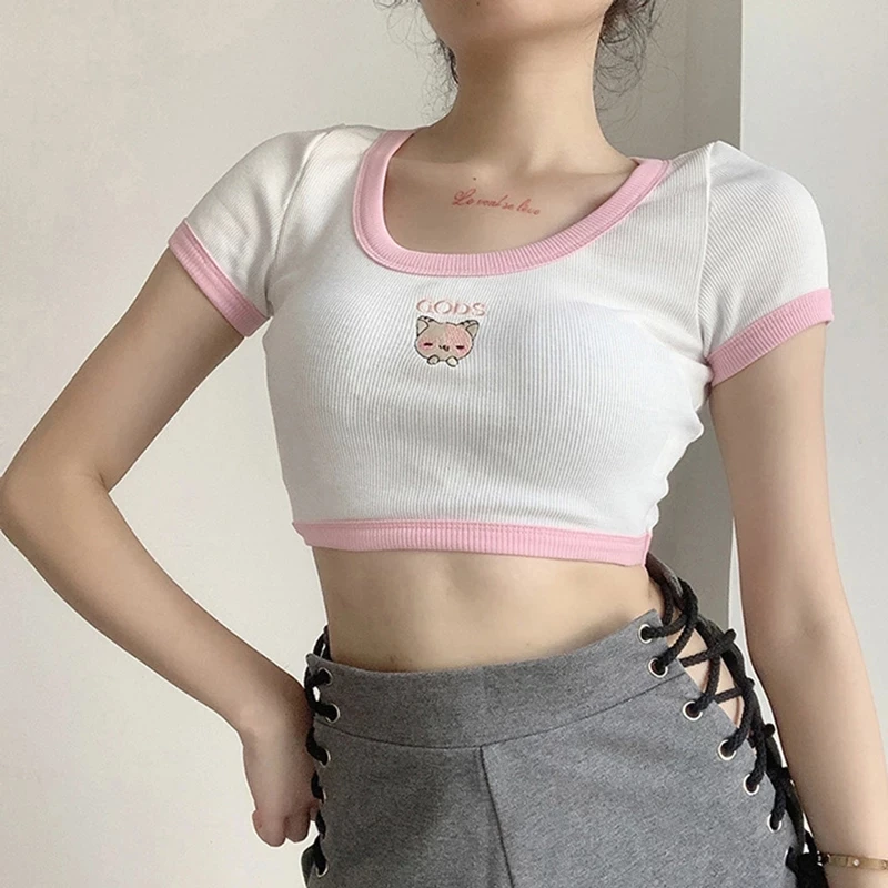 QWEEK E Girl Cat Embroidery T Shirt Femme 2021 Summer Cropped Top Mujer Kawaii Y2k Feminine Clothes Fashion Cute Tee Shirt