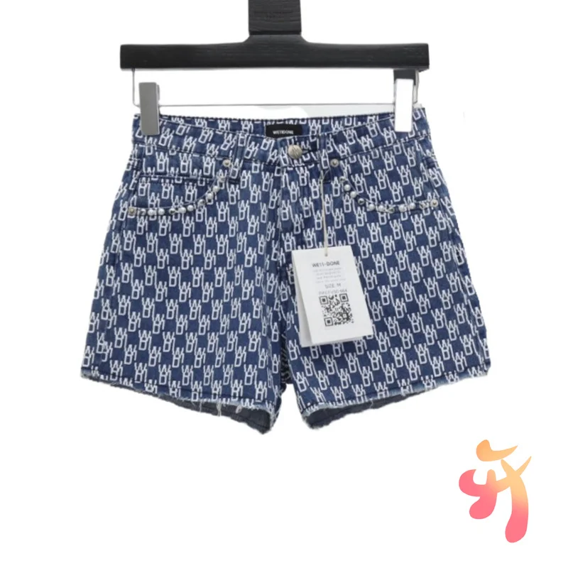 

Шорты WEIIdone мужские/женские, жаккардовые джинсовые короткие штаны с надписью, потертые вручную, Welldone