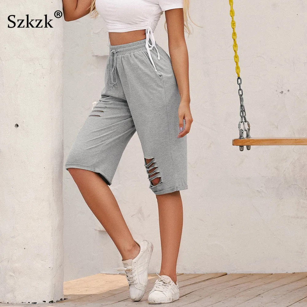 

Szkzk Loose Hole Knee Length Sweatpants 2020 Summer Mid Waist Hollow Out Casual With Pockets Street Fashion Womens Sweatpants