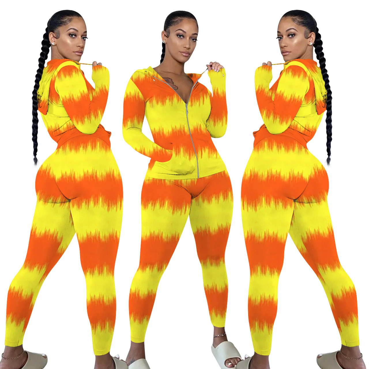 

Fashion Printed Hoodie Tracksuit Two Pieces Jogger Sets Long Sleeve Zipper Up Hooded Top and Long Pants Women Sport Outfit 2021