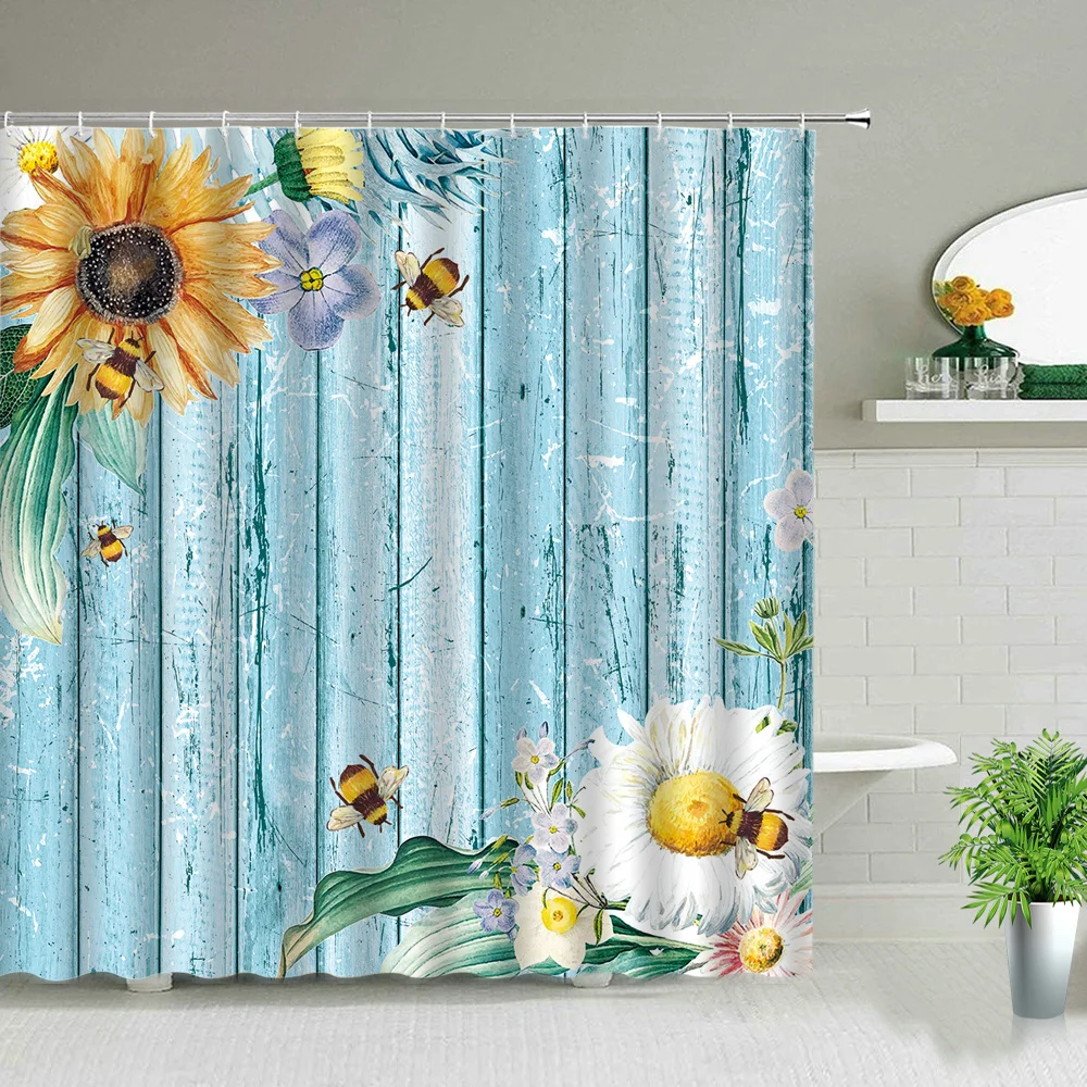 

Sunflower Flower Bee Wood Grain Plant Scenery Bathroom Shower Curtain Cactus Butterfly Floral Landscape Bath Curtains With Hooks