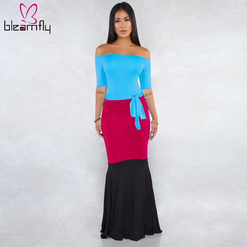 Сексуальное длинное платье макси с цветными блоками без бретелек Женская