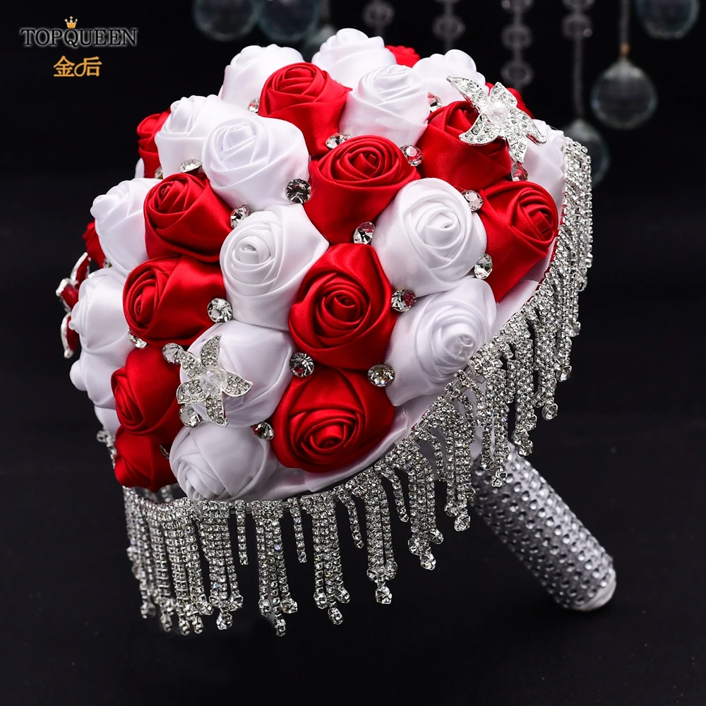

TOPQUEEN F4-WRDElegant Custom Silk Roses Wedding Bouquets for Bridesmaid Decoration Rhinestone Pearl Tassel Bouquet New Arrival