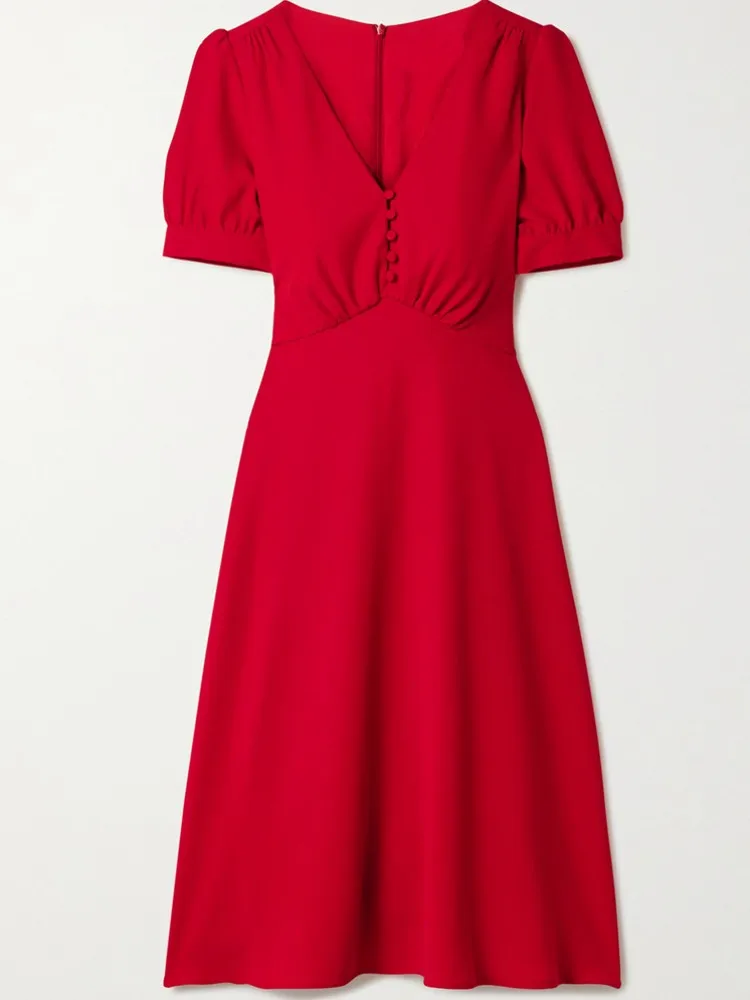 

Charming Flamenco Big Swing Dress Fiery Summer Red Dresses For Women New Sexy Deep V Hollow Dress Single Breasted Pleated Dress