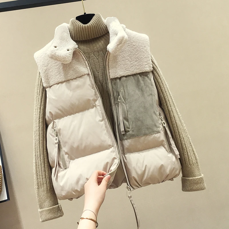 New Women Down Cotton Vest Autumn Winter Vests Stitched Lamb Wool Coats &amp Jackets Sleeveless Jacket Ladies Top Outerwear