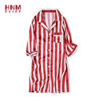 hnmchief red stripe sleepshirts fashion night dress women nightgowns sleepwear satin silk robe comfortable sleep lounge