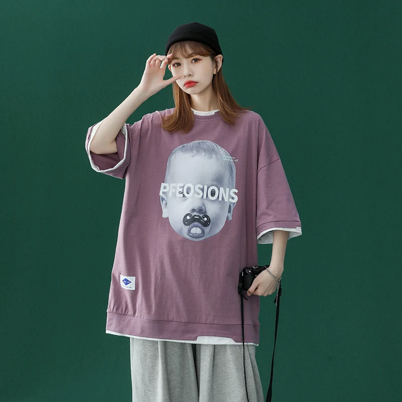 

HENCHIRY Summer New Breathable Trend Women Top Casual Short Sleeve Loose Pattern Super Large Lovers T-shirt Polo Collar Fashion