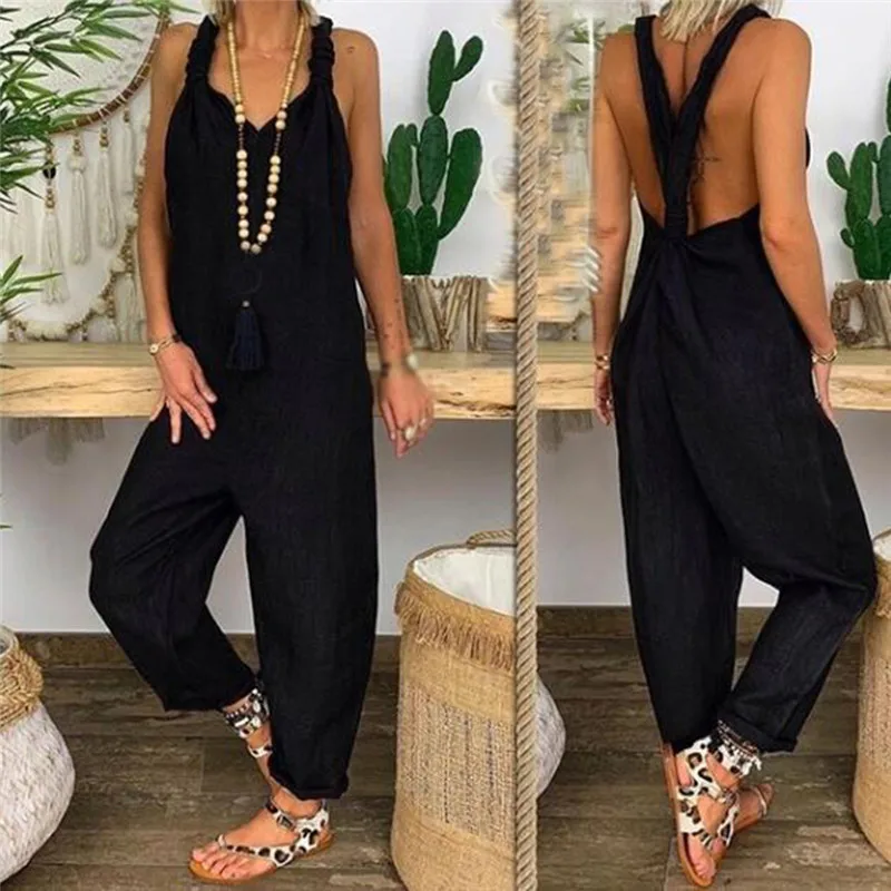 

2020 High Quality New Summer Jumpsuit Cotton Linen Loose Womens Casual Overalls Strap Solid One Piece Romper 5 Color