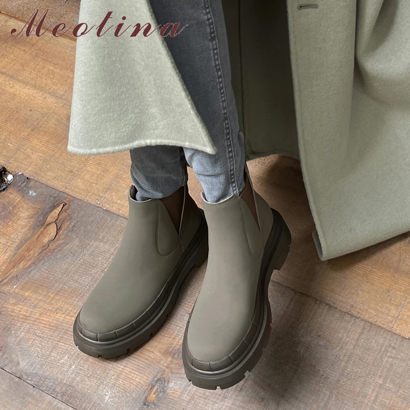 

Женские ботинки челси из натуральной кожи Meotina, ботильоны на платформе и толстом среднем каблуке, с круглым носком, зеленые, Осень-зима 40