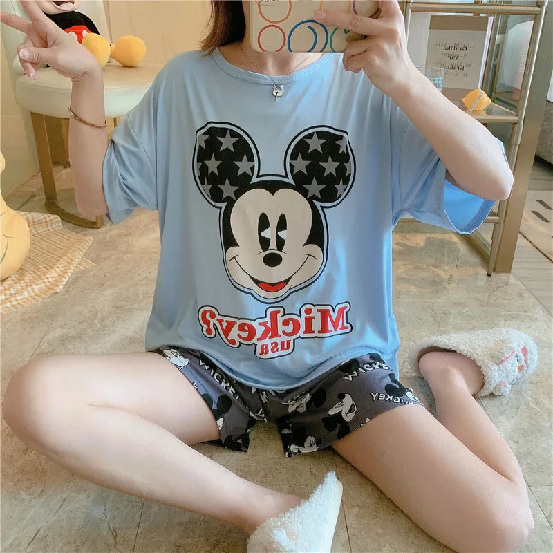 

Pj Sets for Mickey Women Summer Minnie Kawaii Fashion Outfits Short-Sleeved Sleep Top and Shorts Cartoon Home Service Suit New