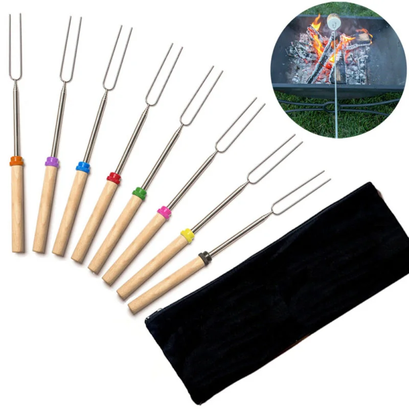 

8pcs Stainless Steel Telescopic Color Roasting Sticks with Wooden Handle Marshmallow Sticks Roasting Forks & Pouch