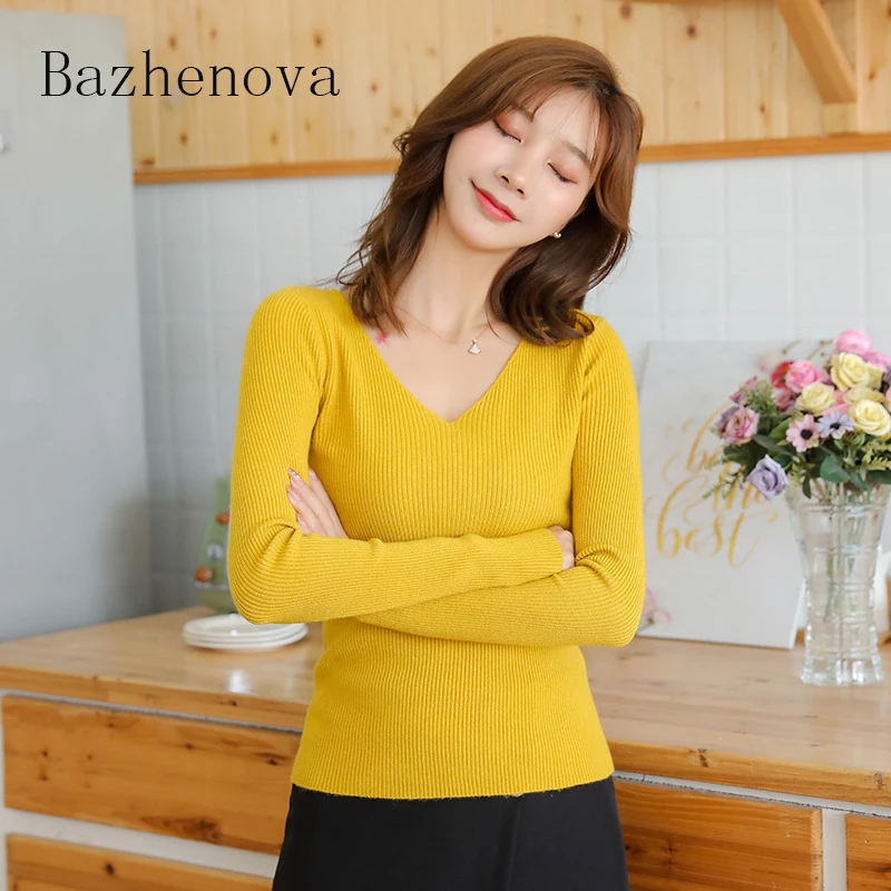 

Bazhenova Women Autumn Long-sleeved V-neck Solid Color Sweater Women Winter Knitted Bottoming Tops Girls Sweet Sweater Top R1088