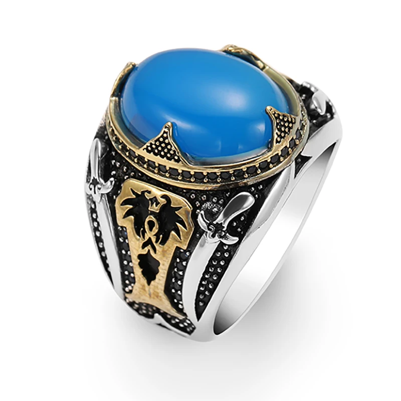 

Domineering Retro Double Sword Texture Ring for Men Punk Jewelry Gift Blue Stone Finger Ring