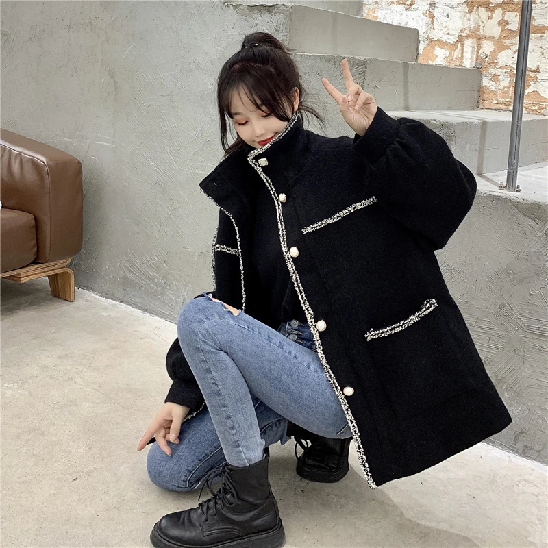 

Lucyever 2020 Mix Color Woolen Coat Women Stand Collar Korean Casual Loose Furry Overcoat Woman Vintage Elegant Black Jackets