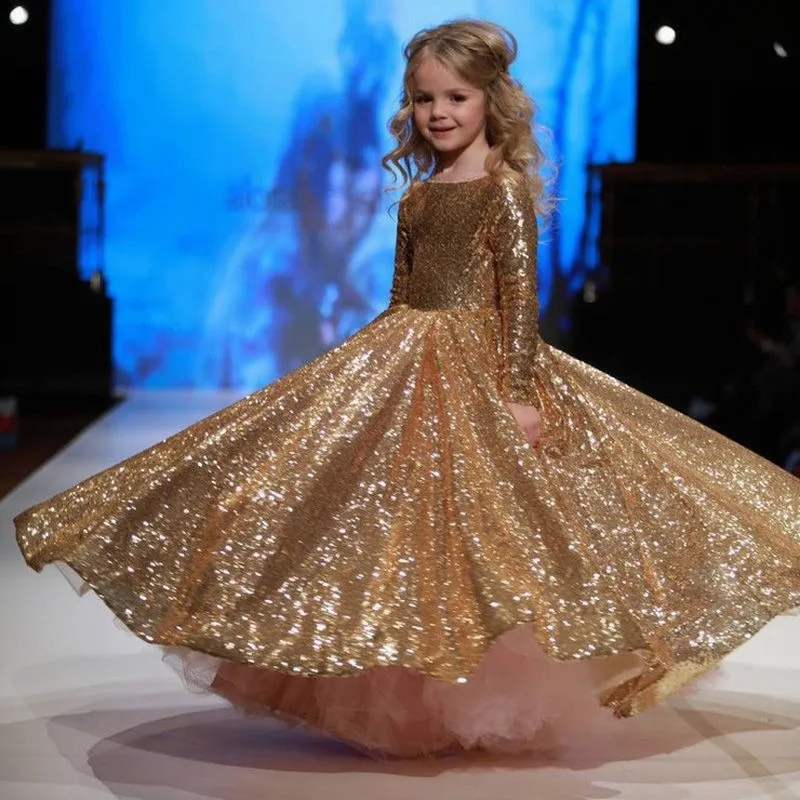 Custom Made Golden Sequin Lace Long Sleeve Kids Flower Girl Dresses Princess Gown One Neck First Communion For Party Wedding