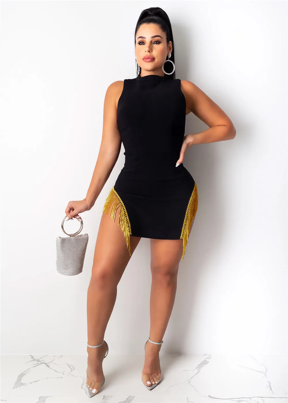 

Fringed Sequin Dress Ladies High Neck Sleeveless Sexy Party Nightclub Tight Dress