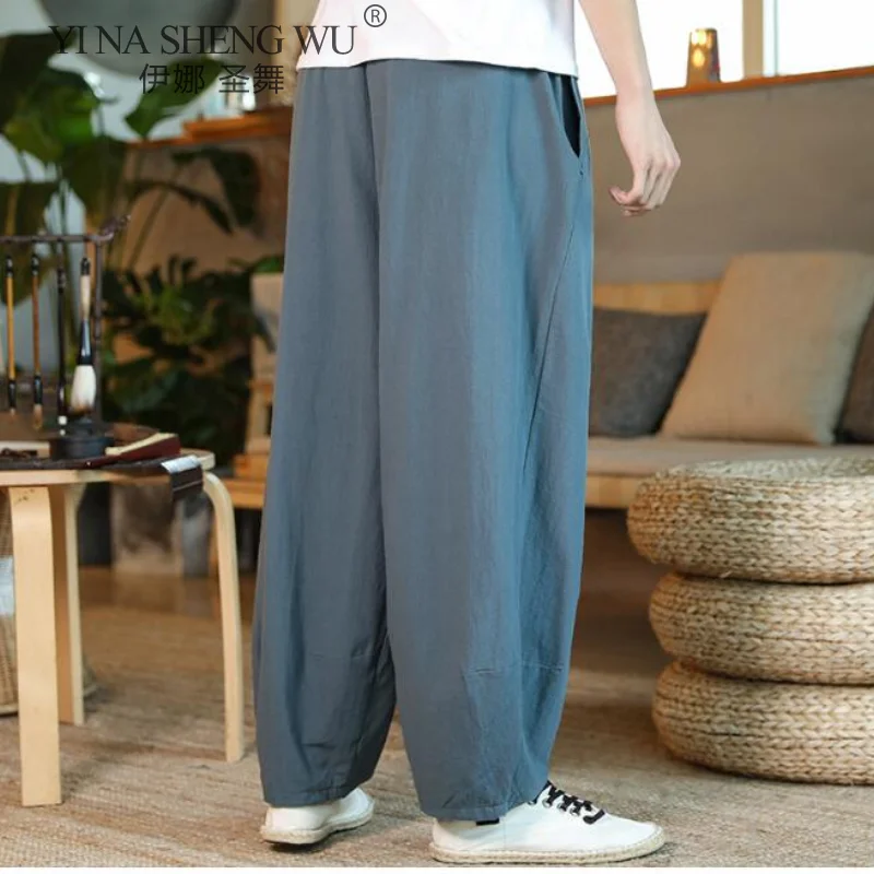 Для мужчин японский Стиль свободные штаны костюм самурая Винтаж мужские брюки