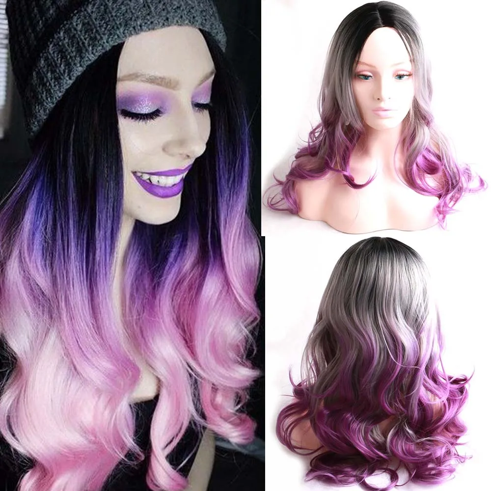 

Synthetic Hair Wigs Long Ombre Black Grey Purple Wavy Middle Part Cosplay Synthetic Wigs For Women Heat Resistant Hair Wig