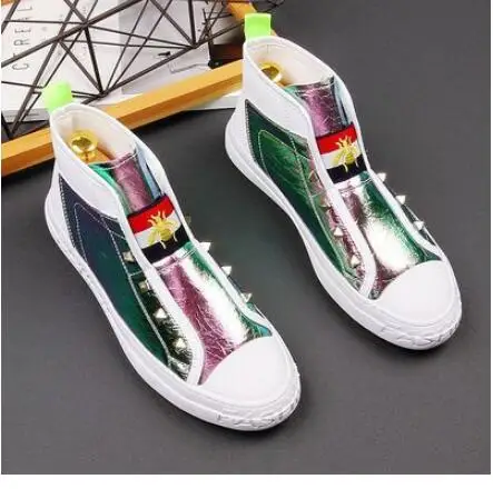 

New Luxury Men's High Hip-Hop Casual Shoes Men green white Fashion rivets Shoes Italy Fashion leisure folding Driving Loafers