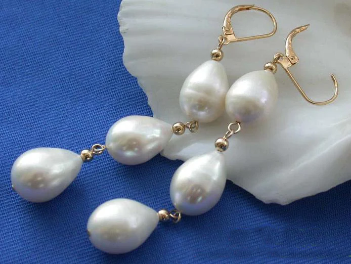 

Unique Pearls jewellery Store Dangle 14mm White Rice Freshwater Pearl Earrings 14k Fine Jewelry Charming Women Gift