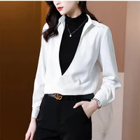 2022 autumn fashion sexy white shirt deep v neck folded womens shirts solid button long sleeved chiffon ladies tops blouses ol