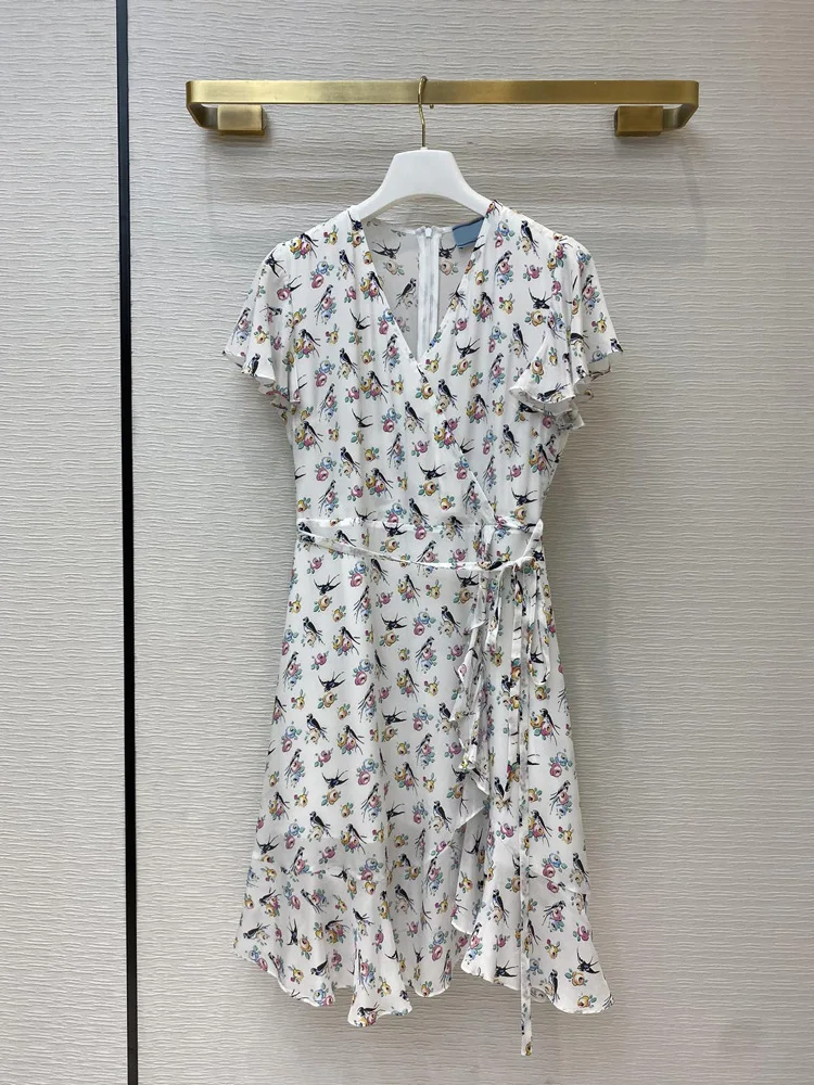 Женское мини-платье из 100% шелка с милым цветочным принтом на шнуровке лето 2020