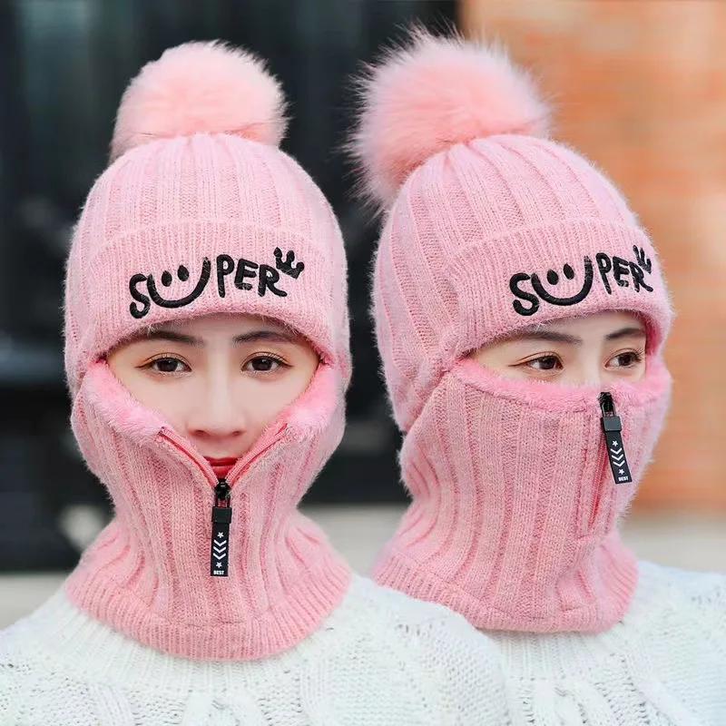

Winter Women Knitted Hats Add Fur Lined Warm Winter Hats For Women With Zipper Keep Face Warmer Balaclava Pompoms Cap