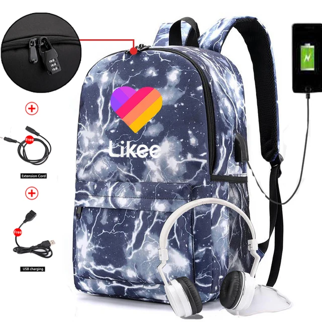 

Russia Likee App "LIKEE 1 (Like Video)" Men Anti-theft Backpack USB Charging Bags Heart Cat School Bags for Teenage Girls
