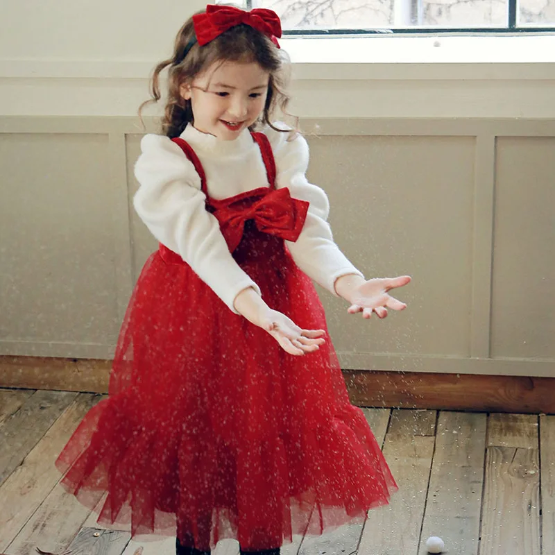 

Winter Children's Girls Bow Yarn Thickened Dress New Year's Dress Red Festive Suspender Sweet Princess Dress