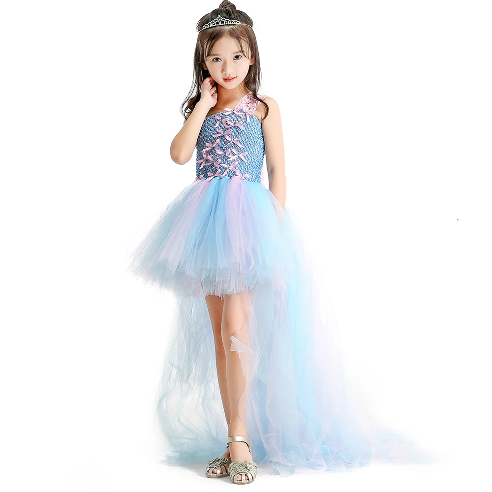 Pink and Blue Butterfly Bow Rhinestone Baby Girls Dresses with Train Tulle Lace Straps Children Tutu for Party | Детская одежда и