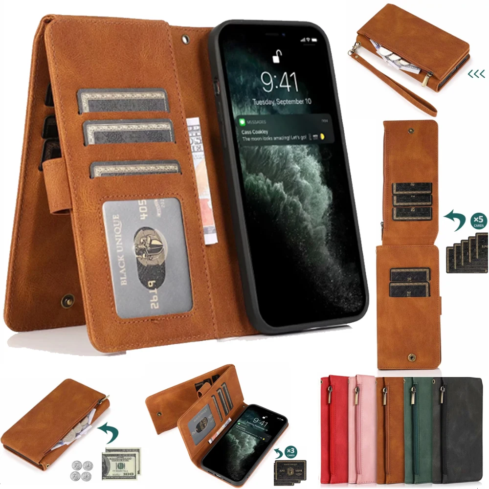 

For Samsung S4/S5/S6/S6Edge Plus/S7/S7Edge/S8/S8PLUS/S9/S9PLUS Ultra Thin Zipper Cover Wallet 8 Card Magnetic Flip Leather Case