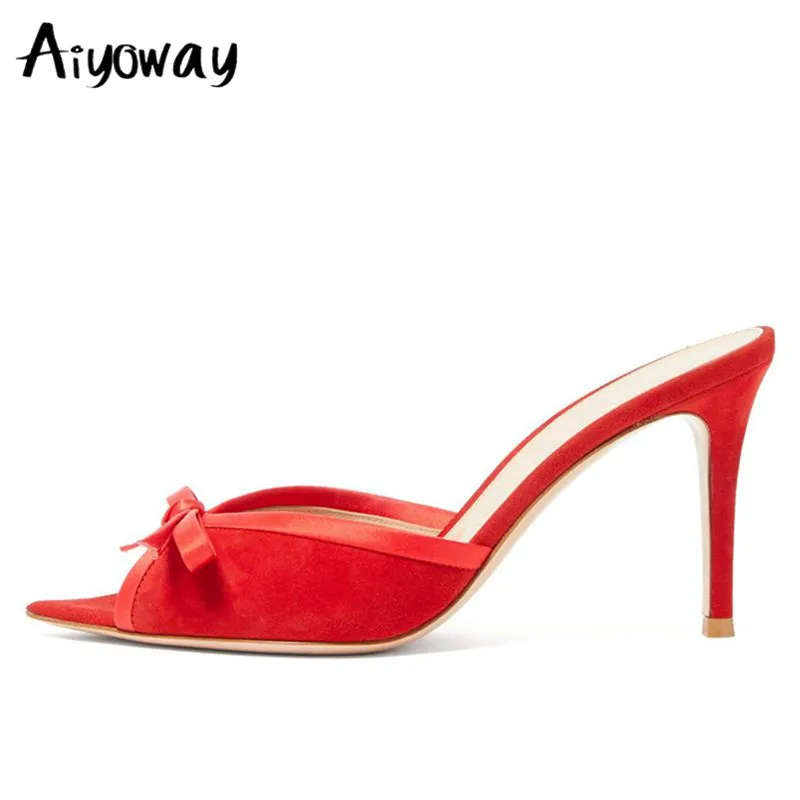 Aiyoway Лето бантом тонкая обувь без застежек на высоких каблуках Мюли с открытым