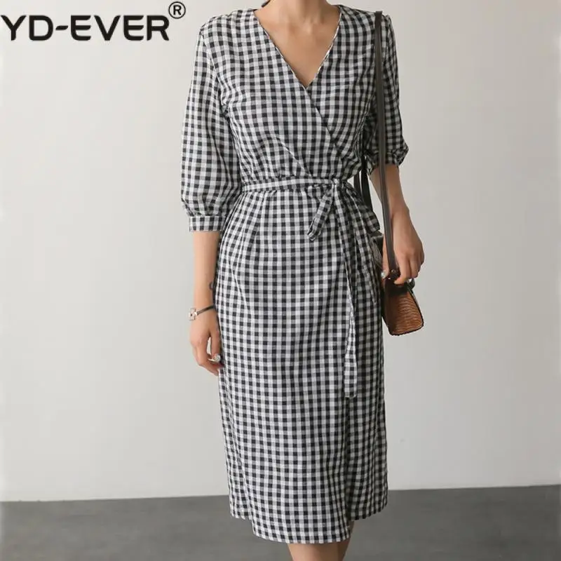 Женское платье миди в клетку винтажное из хлопка и льна с v образным вырезом Vestido