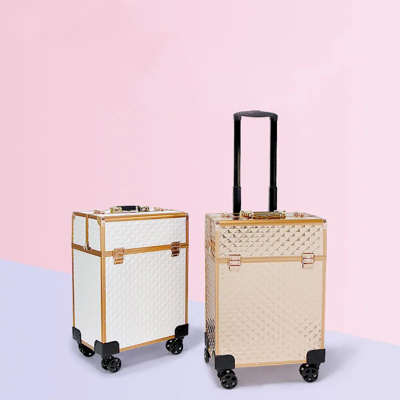 Rose Gold Trolley Cosmetic Case Large Capacity Rolling Wheels Travel Suitcase Makeup Case Beauty Trolley Beauty Tattoo Toolbox