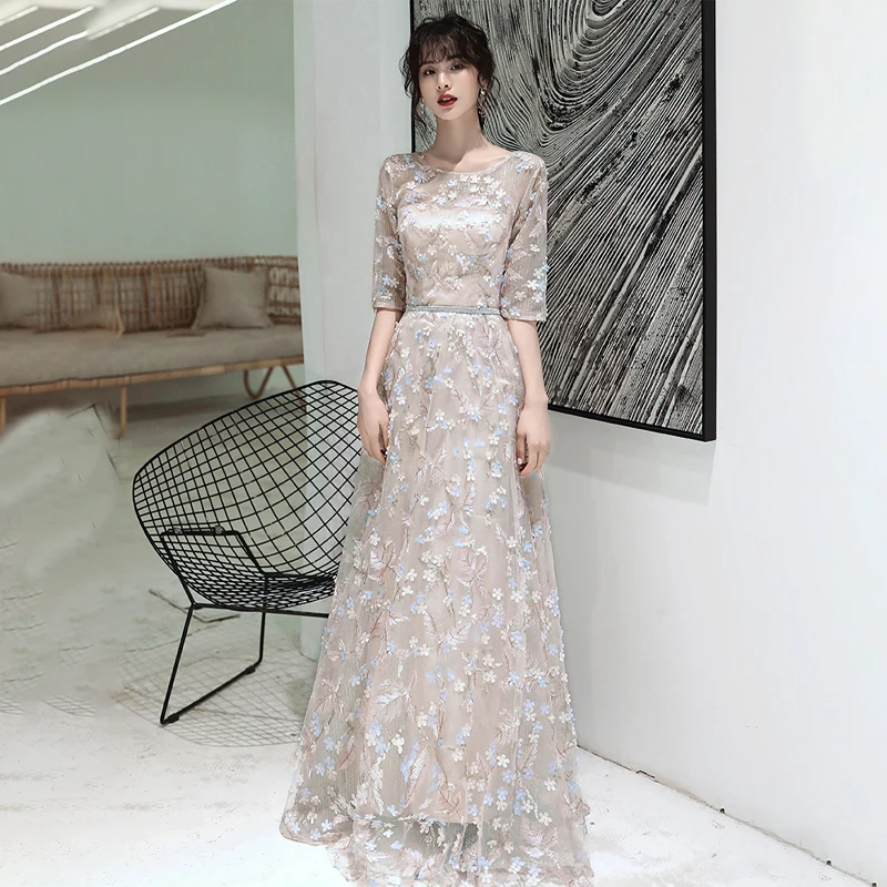 

Fashion Appliques Evening Dress Half Sleeves O-Neck A-Line Empire Pleat Zipper Back Floor-Length Woman Formal Party Gowns A1228