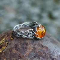 fashion woman amber stone ancient silver color ring vintage flower branch jewelry wedding party band