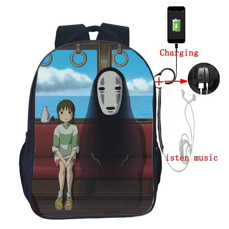 

Высококачественные сумки Hayao Miyazaki с USB-зарядкой для аниме-фильмов, рюкзак для студентов, мальчиков и девочек, модный рюкзак с USB-зарядкой для ...