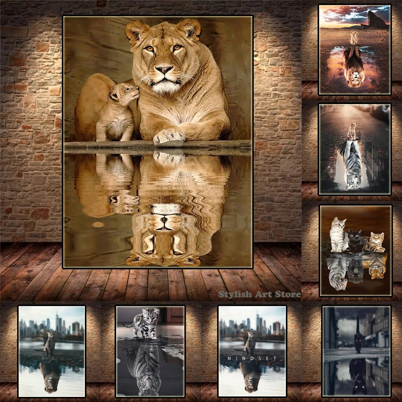 

Animals Reflection Canvas Poster Cat Tiger Lion Elephant Paintings Print Cuadros Wall Art Pictures Nursery for Office Home Decor