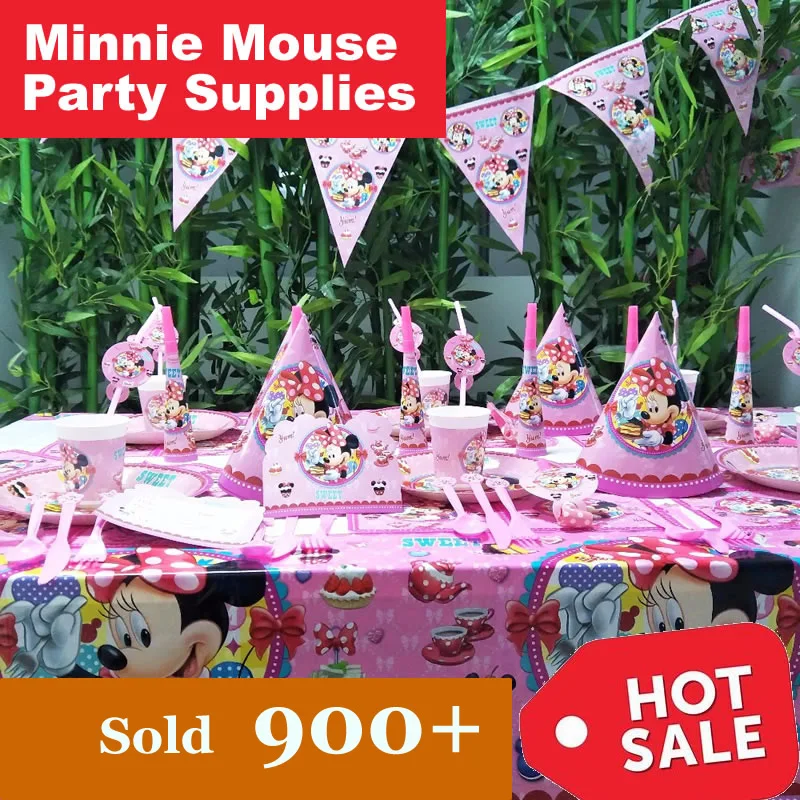 Minnie Mouse Kids Birthday Party Decoration Supplies Cup Plate Banner Hat Bag Set Favors Cake Decorating Pink Red | Дом и сад