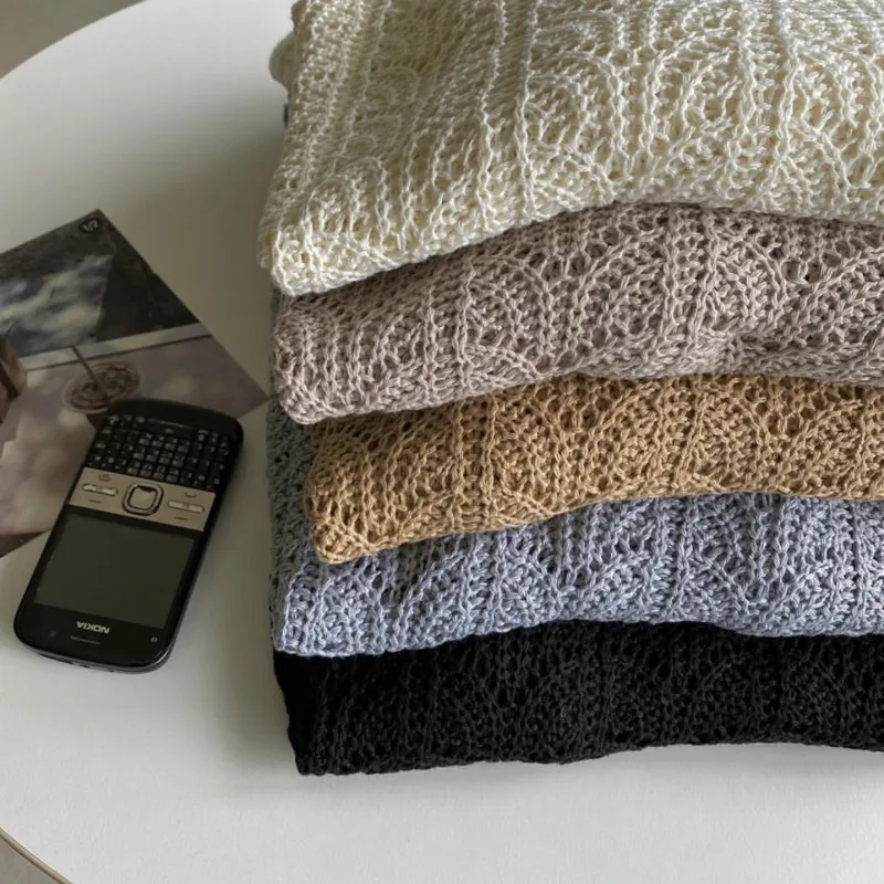 

Kimotimo Knitted Sweater Women Tops V-neck Long-sleeved Thin Hollow Out Pullover 2021 Korean Autumn Design All-match Sweaters